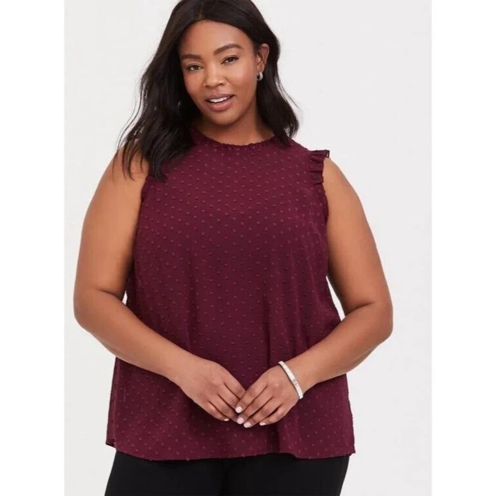 Torrid Chiffon Swiss Dot‎ Mock Neck Tank Sleeveless Size 0 Burgundy Sheer Top